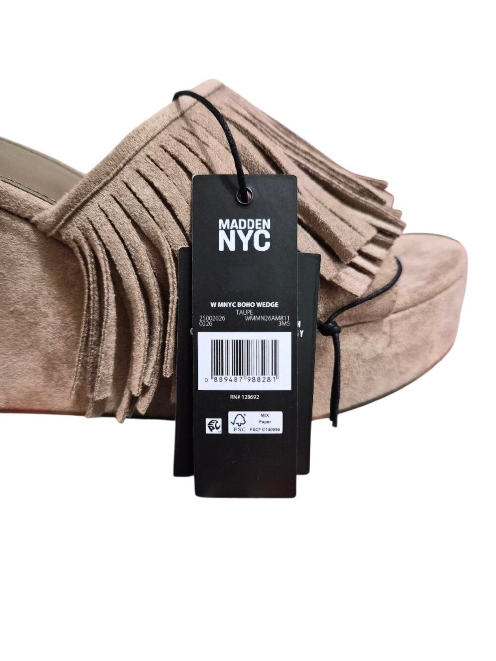 NIB Madden NYC Women’s Fringe Boho Wedge Slide Sandal Platform Size 6 Taupe - Picture 3 of 7